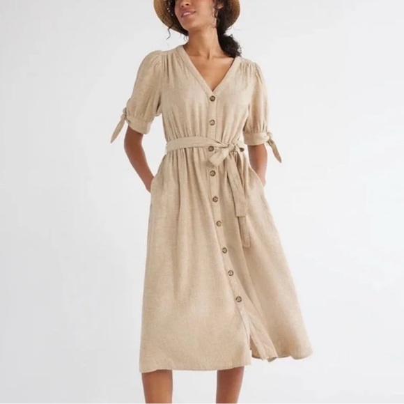 Time and Tru Dresses & Skirts - Linen Blend Button Safari Shift Front Midi Dress Tie Waist Beige M Time and Tru